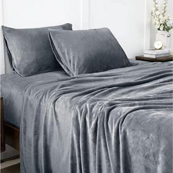 Bedsure Sabanas Coralina 105x190 Invierno - Juego Sábanas Cama 105 Franela 4 Piezas, Sabanas Polar Termica 105 x 190, Sabana Bajera Ajustable 105x200 con Encimera, Gris