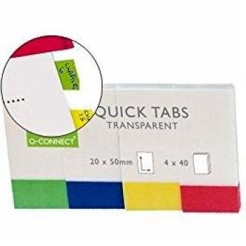 BANDERITAS SEPARADORAS Q-CONNECT 20X50 MM TRANSPARENTES Y COLOR PACK DE 4 CON 50 HOJAS