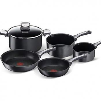 Tefal Unlimited On - Juego de 2 Sartenes y 3 Cazos + Tapa: 2 Sartenes 20/26 cm, 3 Cazos 16/20/24 cm de acero inoxidable, sartenes antiadherentes, tapa cristal, Thermo-Signal, todo tipo de cocinas