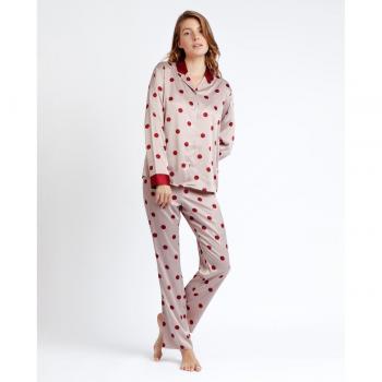 Pijama Abierto Satinado de Manga Larga y Pantalón Largo para Mujer