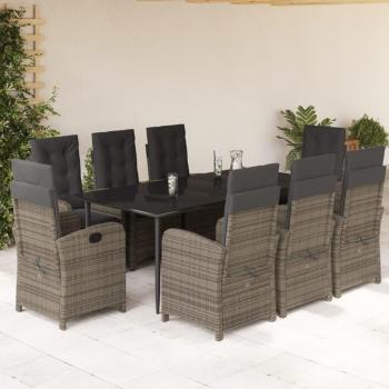 9-Piece Grey Poly Rattan Garden Dining Set with Cushions