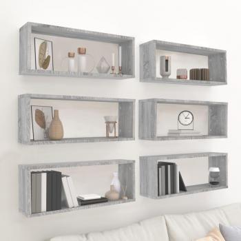 Estantes cúbicos de pared 6 uds madera 60x15x23 cm en Roble ahumado, Gris sonoma y Marrón roble - Mueble Almacenaje Estantería para Oficina, Estudio, Sala de