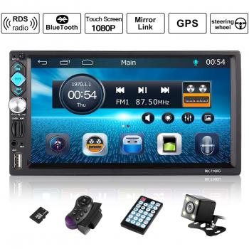 Autoradio 2 DIN Reproductor Mp5 de Coche 7 Pulgadas 1080P FHD Pantalla Táctil Bluetooth GPS Radio FM Mirror Link Carga Rápida con Control Remoto Cámara de Visión Trasera 8G Tarjeta AUX USB 2.0 SD