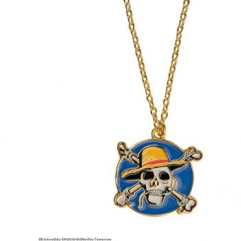 Collar Cinereplicas One Piece Monkey D. Luffy Logo - Collar de metal con diseño del logo de Monkey D. Luffy, cadena ajustable, acabado en color dorado, inspirado en el popular anime y manga One Piece