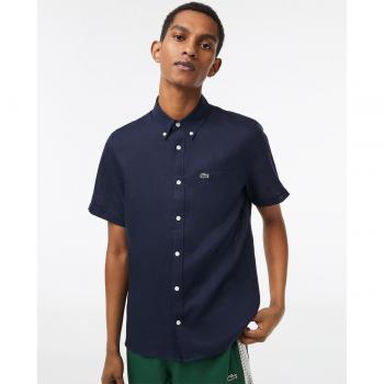 Lacoste Regular Fit Blue Linen Short Sleeve Shirt for Men - Size 4XL