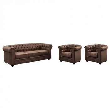 Sofá Chesterfield 3 Plazas y 2 Sillones de Microfibra Envejecida