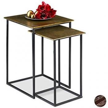 Set de 2 Mesas Auxiliares Cuadradas Retro, Mesitas Nido Decorativas de Hierro y Aluminio, Alturas 50,5 y 55,5 cm, Doradas y Negras