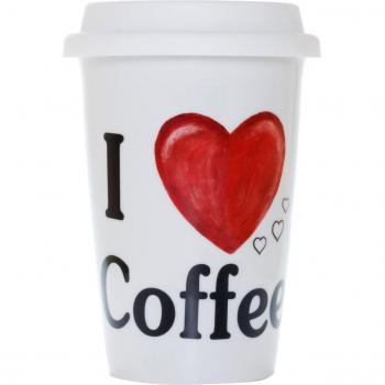La Cija I Love Coffee Vaso Americano de Porcelana con Tapa de Silicona, Blanco, 9.9x9.9x13.7 cm
