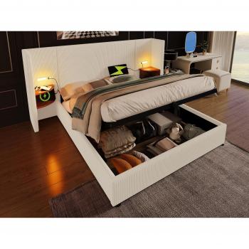 Cama Contenedor de Pana 180x200 cm - 2 Mesitas de Noche con Luz de Lectura y Carga - Con Somier - Beige