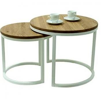 Set de 2 Mesas Bajas Gigognes Modernas en Madera Maciza de Roble y Acero, Blancas y Negras, Redondas, Ø50x43 cm / Ø40x38 cm