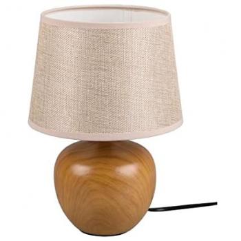 Lámpara de Mesa Luxor Efecto Madera con Pantalla de Tela Beige, Base Cerámica, Soporte para Bombilla E14