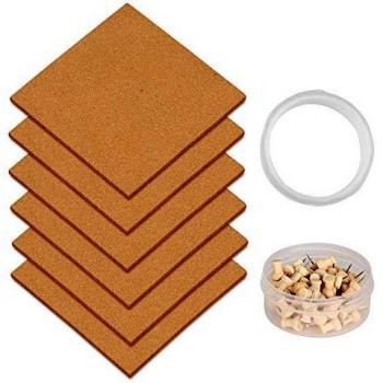 IZSUZEE Corcho Pared Autoadhesivo, Corchos Para Pared Cuadrado 6 pcs, con 60 Chinchetas Para Corcho, 1 Pegamento, Decoracion Habitacion, Utilizada Para la Decoracion Pared de la Oficina del Dormitorio