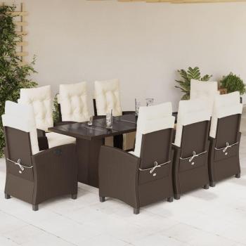 Juego de comedor de jardín de 9 piezas con cojines de polyrattan marrón