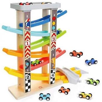 TOP BRIGHT Circuito de Carreras con Coches de Juguete para Bebés y Niños pequeños de 1 a 3 años - Pista de Rampas con 6 Mini Coches y 3 Puentes - Madera de Calidad sin BPA - Seguro, Bonito y Divertido