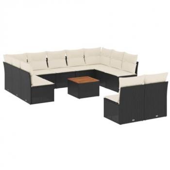 vidaXL 12-Piece Black Poly Rattan Garden Sofa Set with Cushions