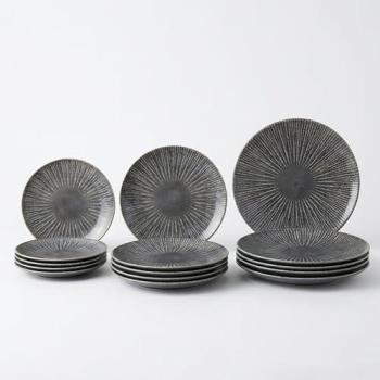 Vajilla Completa 12 Piezas de Porcelana Decorada para 4 Personas, Apta para Microondas y Lavavajillas, Diseño con Relieve y Formas Octogonales