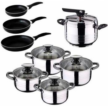 San Ignacio - Batería de cocina 4 cacerolas 4 tapas de vidrio 1 Olla exprés 5 litros y 3 sartenes 16/20/24, Acero inoxidable, inducción