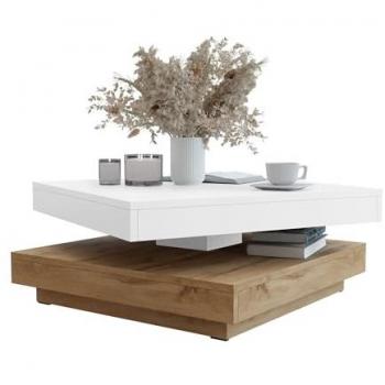 Mesa de centro convertible angular Trenton 125, Aglomerado laminado blanco y Wotan roble, 70x70x34cm