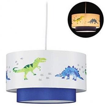 Lámpara de techo con diseño de dinosaurios, pantalla redonda, iluminación agradable, 126x30 cm, color azul y blanco