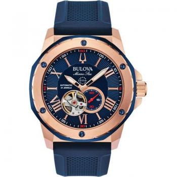 Bulova Marine Star Men's Rose Gold-Plated Automatic Blue Dial Rubber Strap Watch 98A227