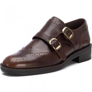 Zapatos de mujer Carmela de piel con suela gruesa y cierre de doble hebilla, color marrón, talla 40