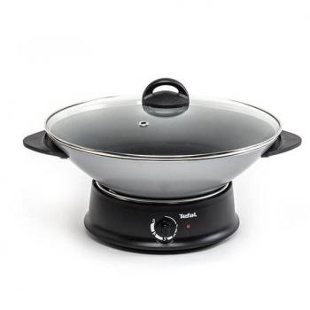 Tefal WO300010 MultiWok Eléctrico 1200W con Tapa de Vidrio, Aluminio, Negro/Plata