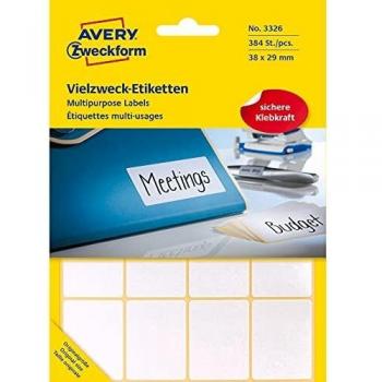 Etiquetas Autoadhesivas Avery Zweckform 3326, 38 x 29 mm, Blancas, 384 Etiquetas por Paquete