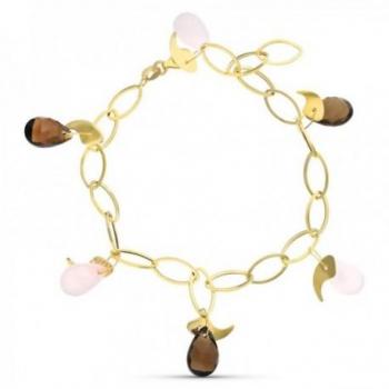 Pulsera de Oro 18k con piedras de colores marrón y rosa, eslabones ovalados lisos