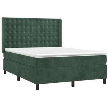 Cama box spring con colchón y LED de terciopelo verde oscuro 140x200cm