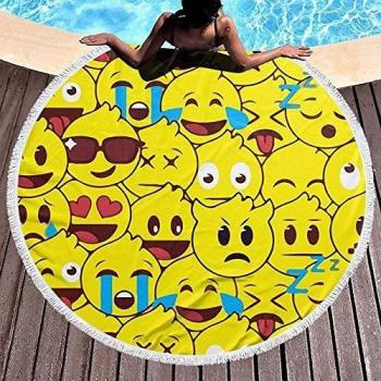 Leo-Shop Toalla de Playa Redonda Manta Grande de Dibujos Animados de Cara Sonriente Divertida con borlas Lanzamiento de Playa Ultra Suave 59 Pulgadas