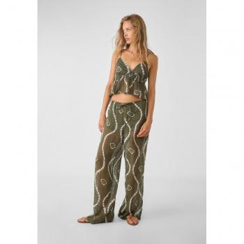 Stradivarius Soft Flowing Printed Trousers - Khaki Size S