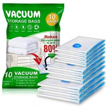 10 Bolsas de Vacío 3L(100 * 80cm) + 3M(80 * 60cm) + 4S(60 * 40cm) con Doble Cremallera y Válvula de Triple Sello, Reutilizables para Ropa, Edredones, Sábanas, Almohadas, Mantas