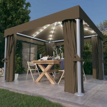 Cenador exclusivo con cortina y tira de luz LED de aluminio taupé 3x3 m