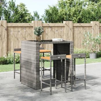 vidaXL Bar Stools 4 pcs Grey Poly Rattan and Solid Wood Acacia, Height: 86cm, Width: 40cm, Depth: 44cm