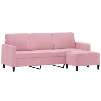 Sofá de 3 plazas con taburete de terciopelo rosa 180 cm, asiento con respaldo y reposabrazos, sillón de relax para descanso en salón