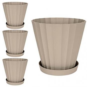Set de 4 Macetas Redondas con Platos Incluidos - Plastiken Doric, 32 cm, 15L, Taupe