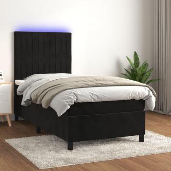 Cama box spring con colchón y LED negro 100x200 cm en terciopelo