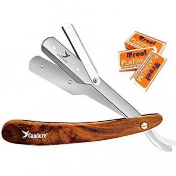 Candure Navaja Afeitar Barbero Profesional Recta para Afeitado Tradicional Afeitar Afeitado Mango de madera Plegable de Barbero con 10 Cuchillas