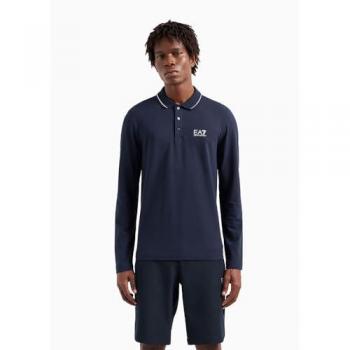 EA7 Emporio Armani Men's Long Sleeve Navy Blue Cotton Polo Shirt with Core Identity Logo and Stripe