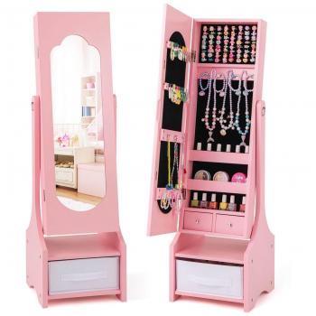 Kids' Pink Freestanding Jewelry Armoire Cabinet with Full-Length Mirror and Adjustable Tilt