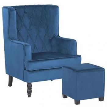 Sillón Orejero con Reposapiés de Terciopelo Azul y Patas de Madera - Modelo Sandset