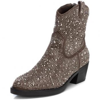 Botines de mujer Xti metalizados con glitter y cremallera lateral, modelo 14311602-TAUPE, color taupe, talla 40, material ante, altura de tacón entre 3 a 5 cm, estilo
