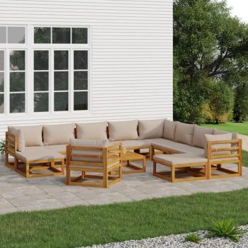 Set de muebles de jardín 12 piezas madera maciza y cojines gris taupé