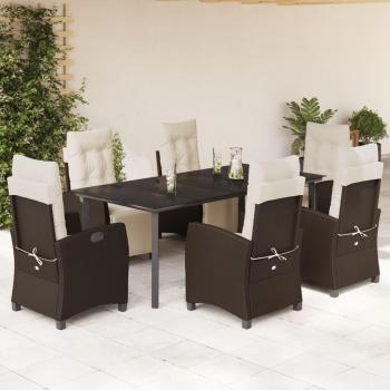 7-Piece Brown Poly Rattan Garden Dining Set with Cushions