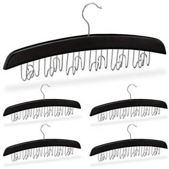 Set de 5 Perchas para Cinturones con 12 Ganchos, Colgador Giratorio de Madera, Negro y Plateado, Dimensiones 17,5 x 43 x 5,5 cm