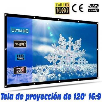 Tela de proyección 120 Lux-Screen Formato 16:9 Superficie de 3 Capas Blanco Mate y Borde perimetal Negro, Pantalla para proyector para Colgar con argolla, garantía de 2 años