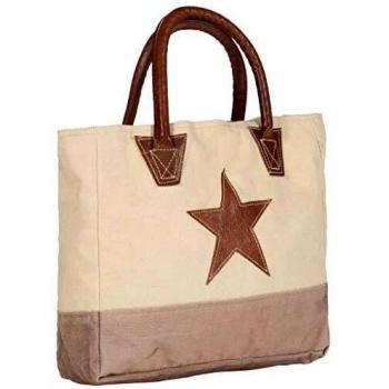 vidaXL Bolso Estilo Shopper Lona y Cuero Real Ropa y Moda Accesorios Elegantes Modernos Diarios Vestimenta Resistente Funcional Beige 32x10x37.5cm