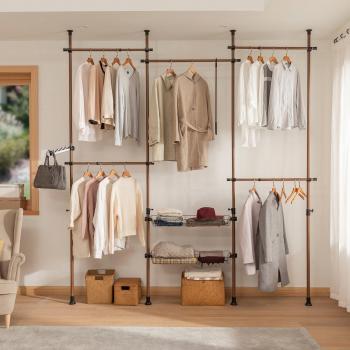 SoBuy KLS04-BR Perchero de Ropa Telescópico con 5 barras y 2 cestas, Sistema de armario ajustable en ancho y altura (200-270 cm), color Naturaleza