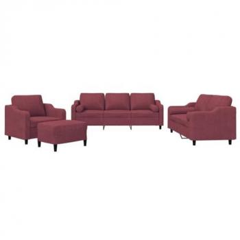Juego de Sofás 4 Piezas con Cojines, Tela Rojo Tinto, Sillones de TV y Asientos Tapizados para Salón