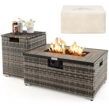 Gray Rectangular Propane Rattan Fire Pit Table Set with Side Table and Cover - 32 x 20 Inches